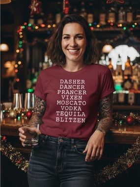 Funny Christmas reindeer names tshirt burgundy color